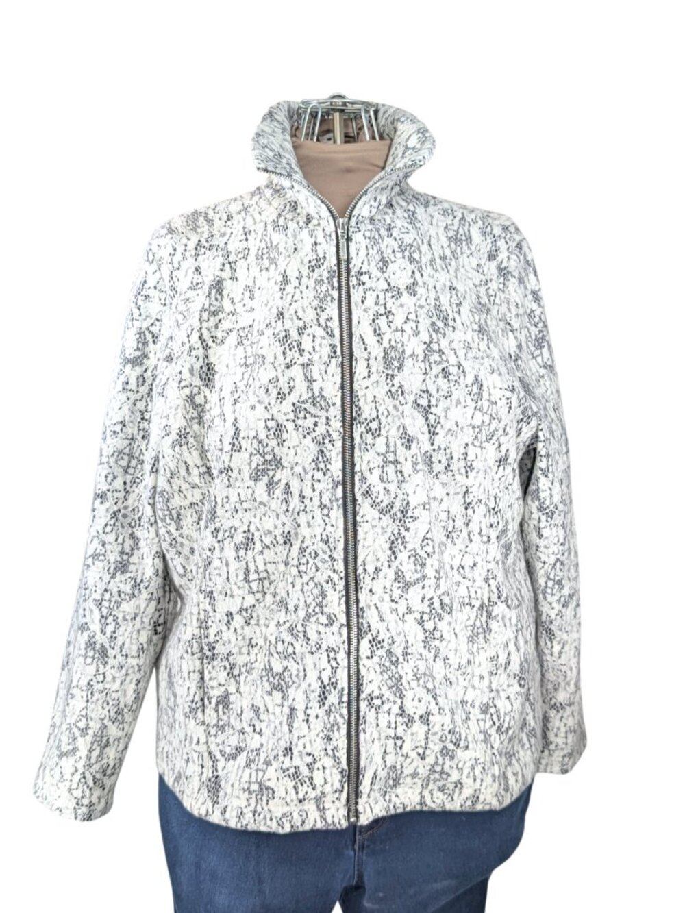 Cathy Daniels XL White Black Floral Lace Full Zip Light Collared Jacket Pockets